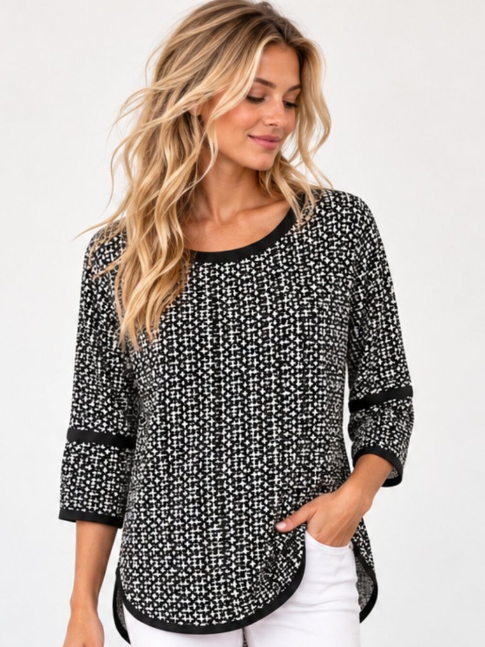 MAX STUDIO Black White Cross-Stitch Knit Tunic Top High Low Hem 3/4 Sleeves EUC